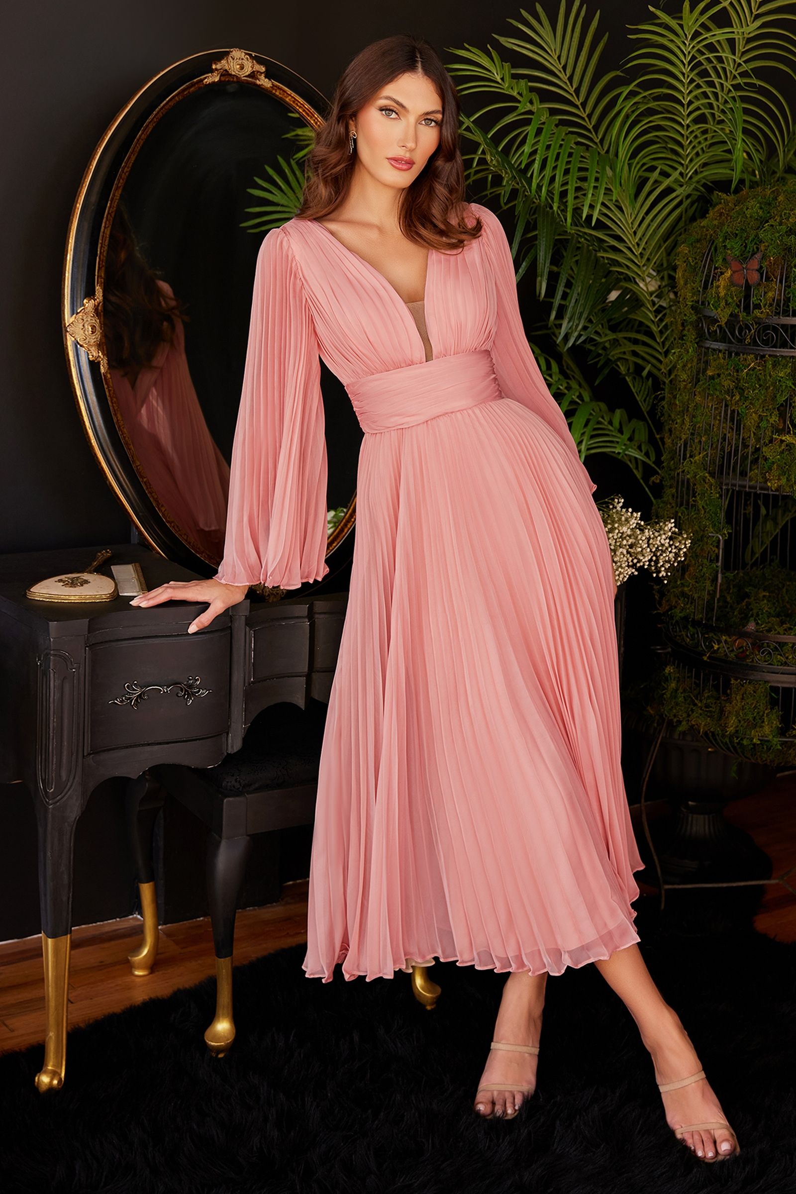 Pleated Chiffon Long Sleeve Tea Length Gown - RoshelLuxe.com