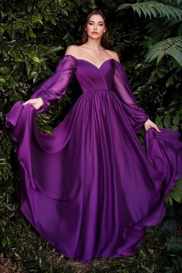 Long Sleeve Chiffon A-Line Dress - RoshelLuxe.com