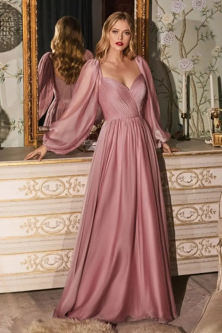 Long Sleeve Chiffon A-Line Dress - RoshelLuxe.com