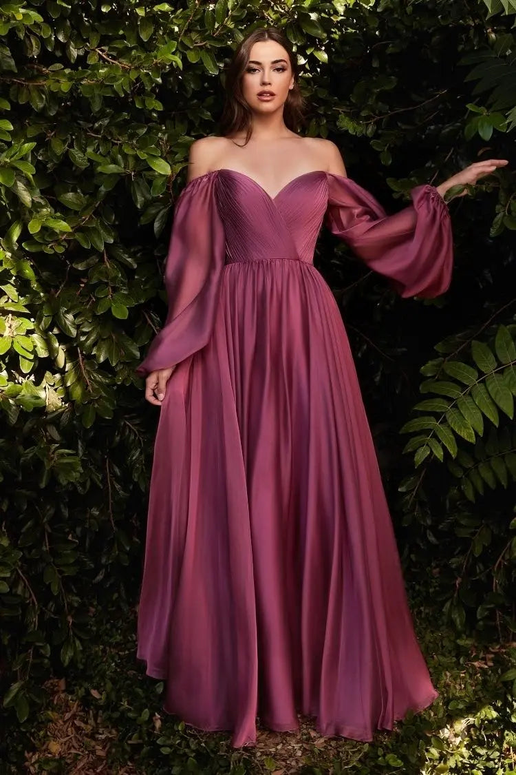 Long Sleeve Chiffon A-Line Dress - RoshelLuxe.com