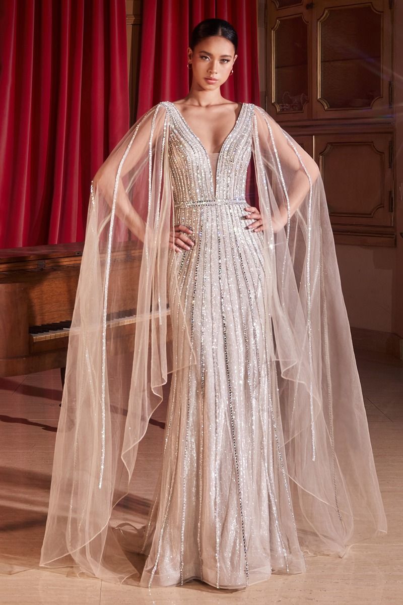 Embellished Long Cape Sleeve Gown - RoshelLuxe.com