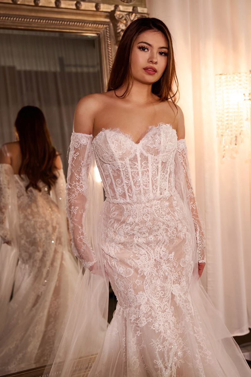 Fitted Lace Mermaid Gown With Sleeves - RoshelLuxe.com