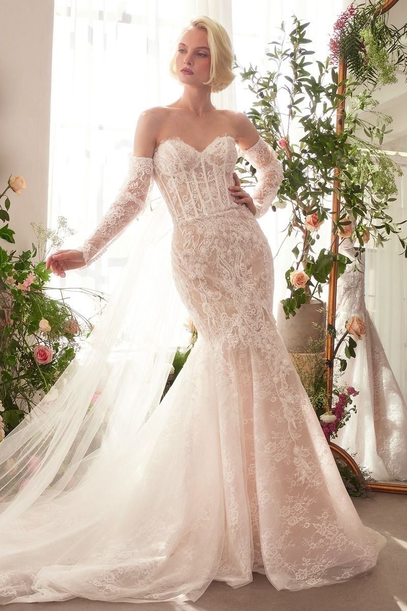 Fitted Lace Mermaid Gown With Sleeves - RoshelLuxe.com