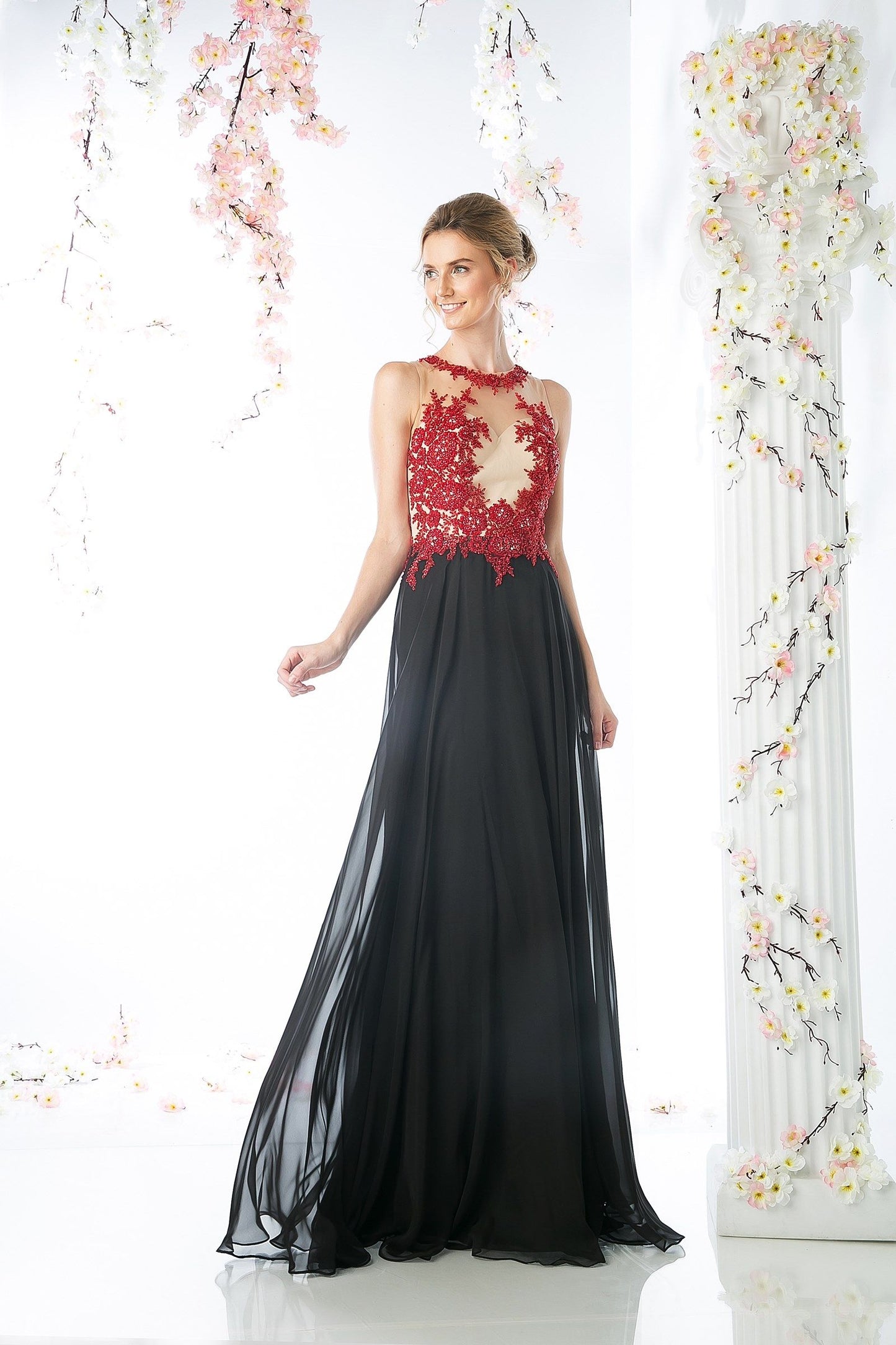 Lace Bodice Chiffon Sheath Dress - RoshelLuxe.com
