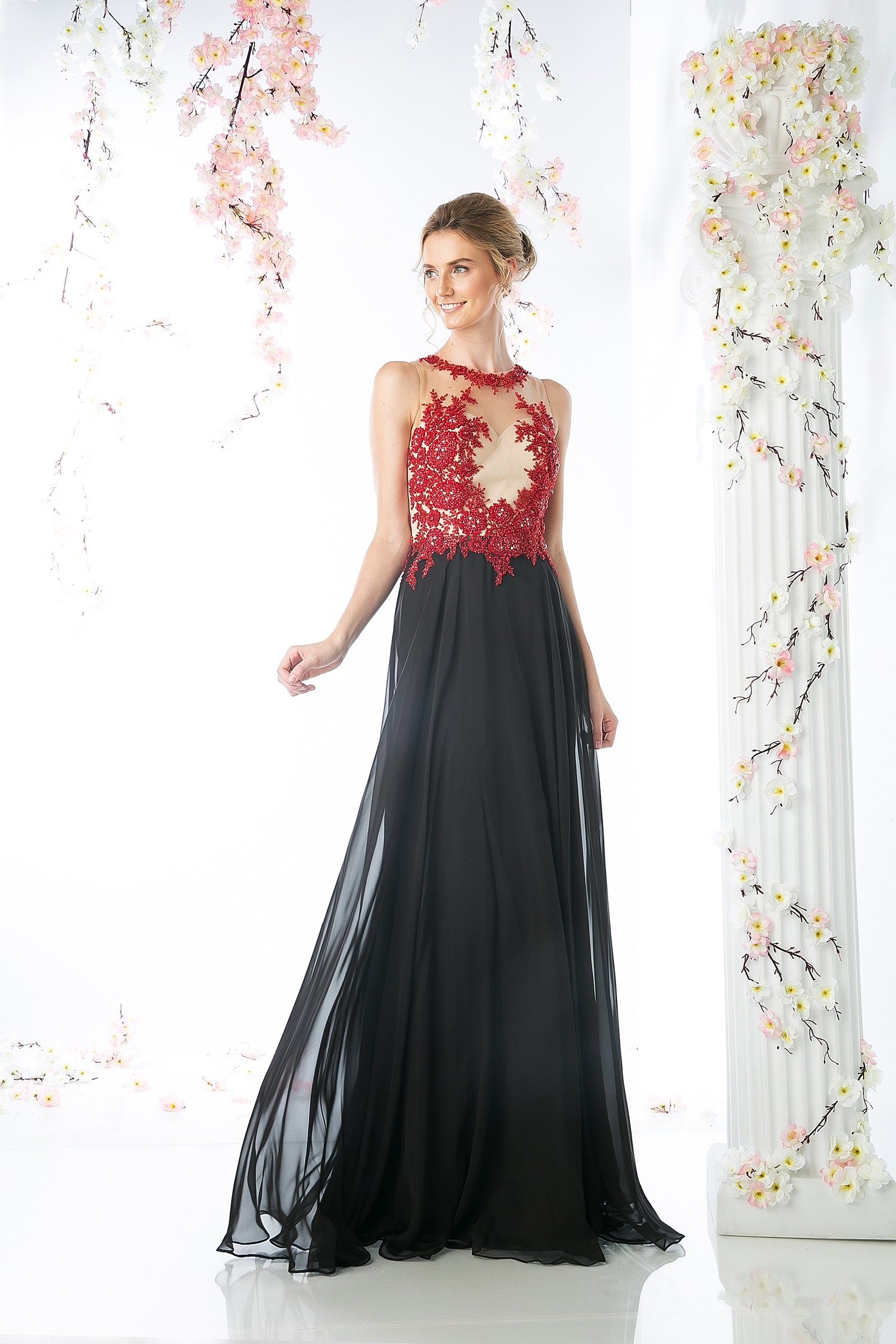 Lace Bodice Chiffon Sheath Dress - RoshelLuxe.com