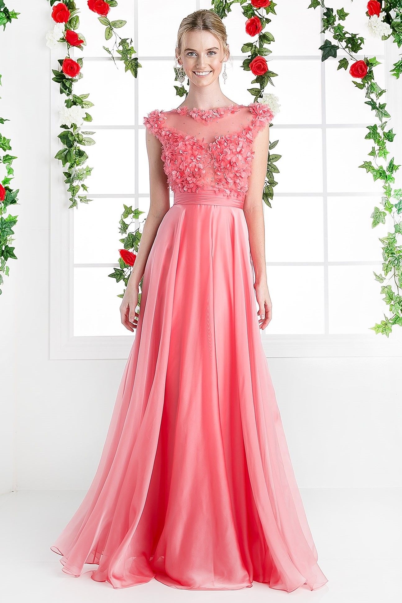 Beaded Applique Chiffon Gown - RoshelLuxe.com