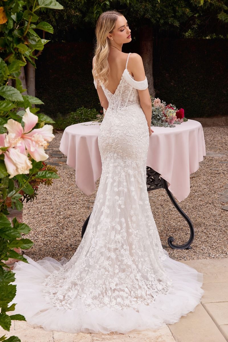 Of The Shoulder Fitted Lace Bridal Gown - RoshelLuxe.com