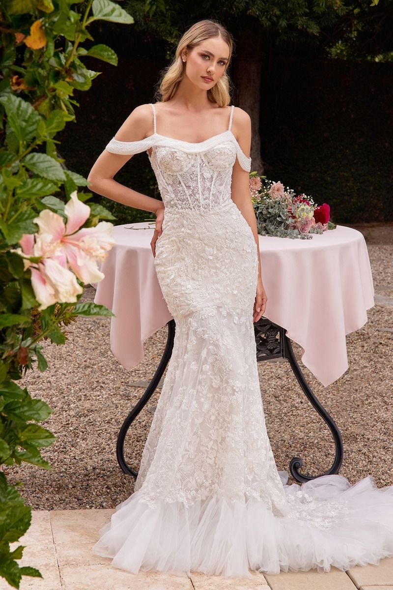 Of The Shoulder Fitted Lace Bridal Gown - RoshelLuxe.com