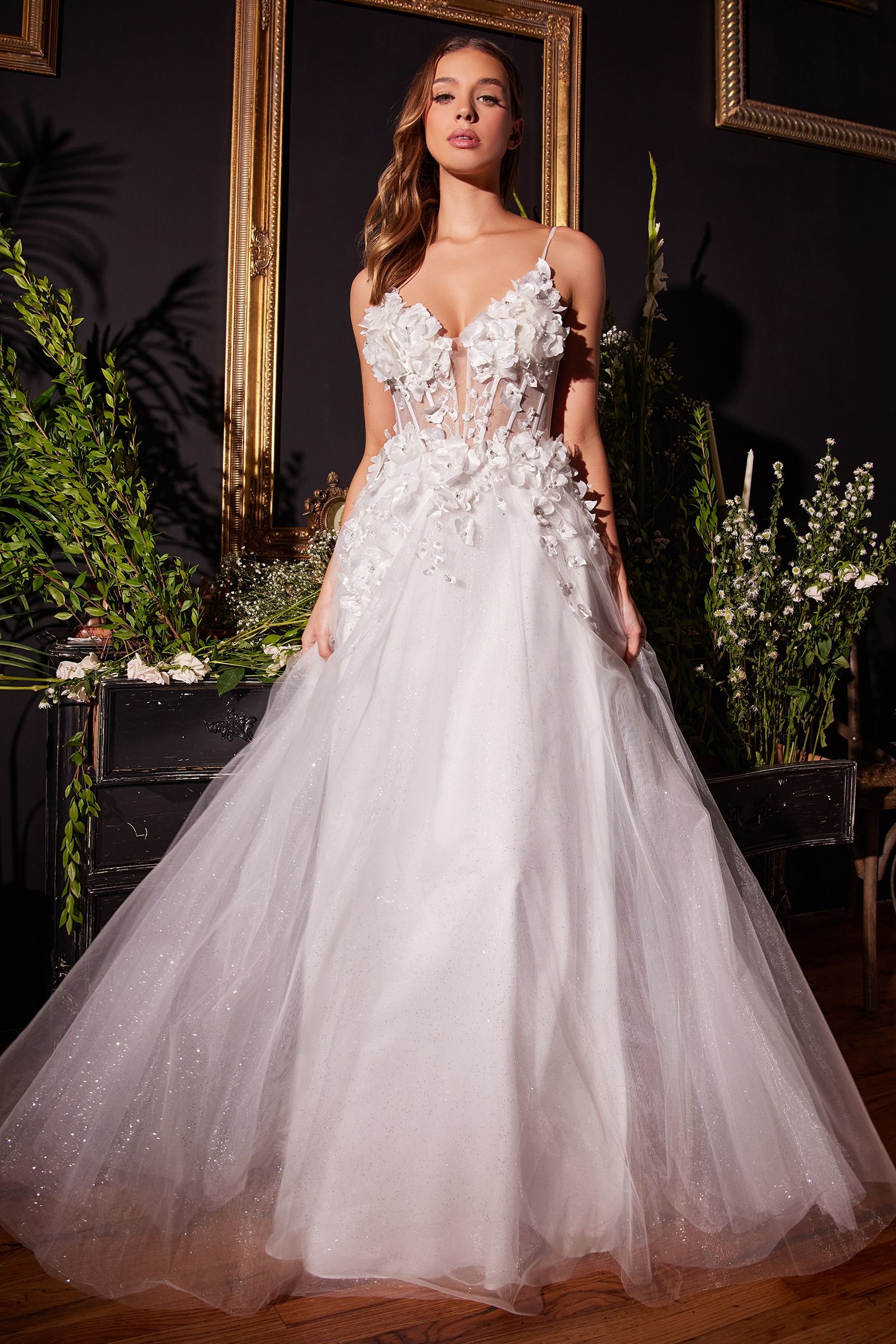 Floral Applique A-Line Tulle Bridal Gown - RoshelLuxe.com