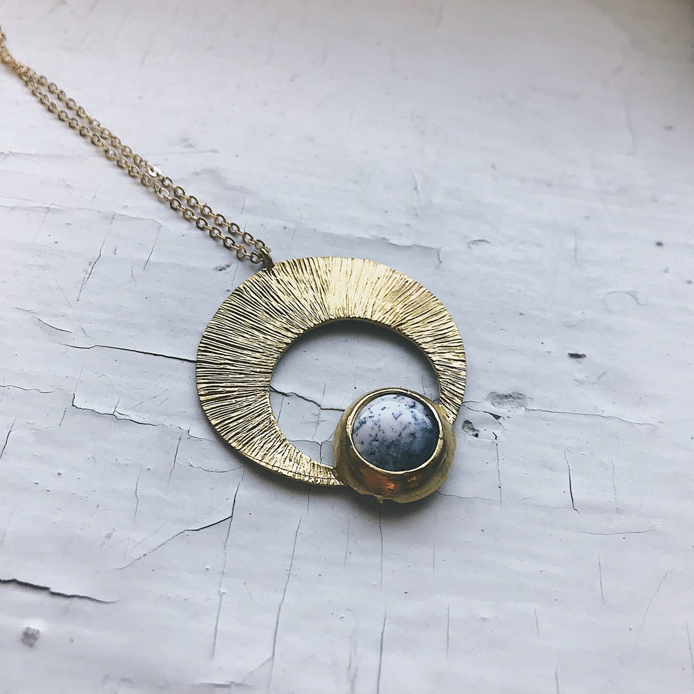 Crescent Moon Pendant with Dendritic Agate - RoshelLuxe.com