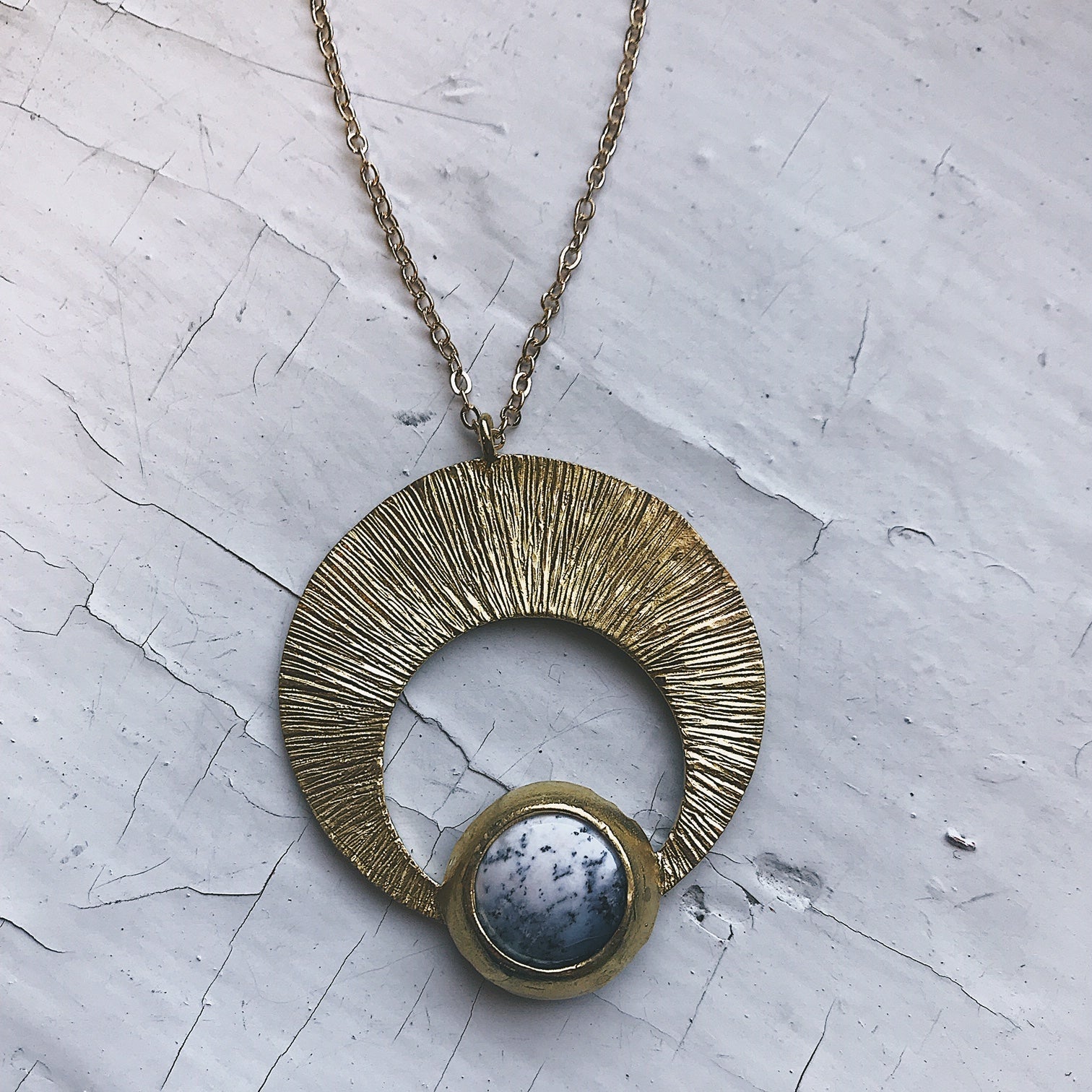 Crescent Moon Pendant with Dendritic Agate - RoshelLuxe.com
