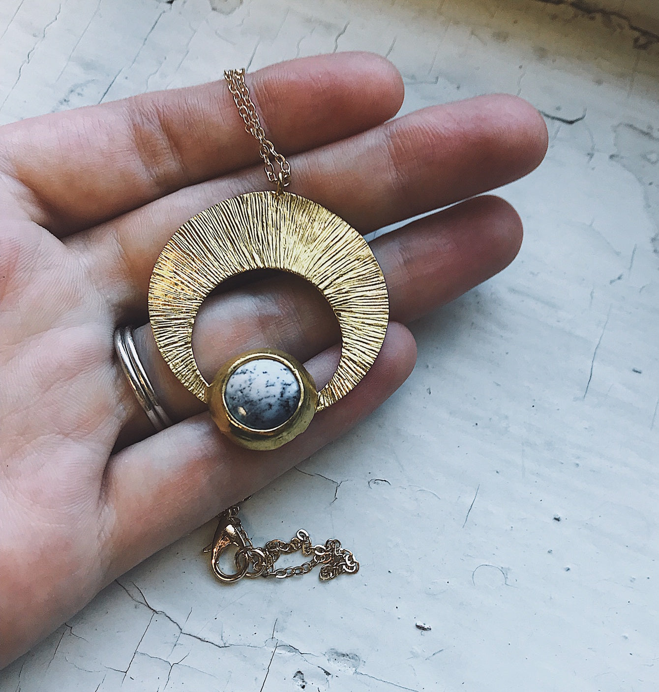 Crescent Moon Pendant with Dendritic Agate - RoshelLuxe.com