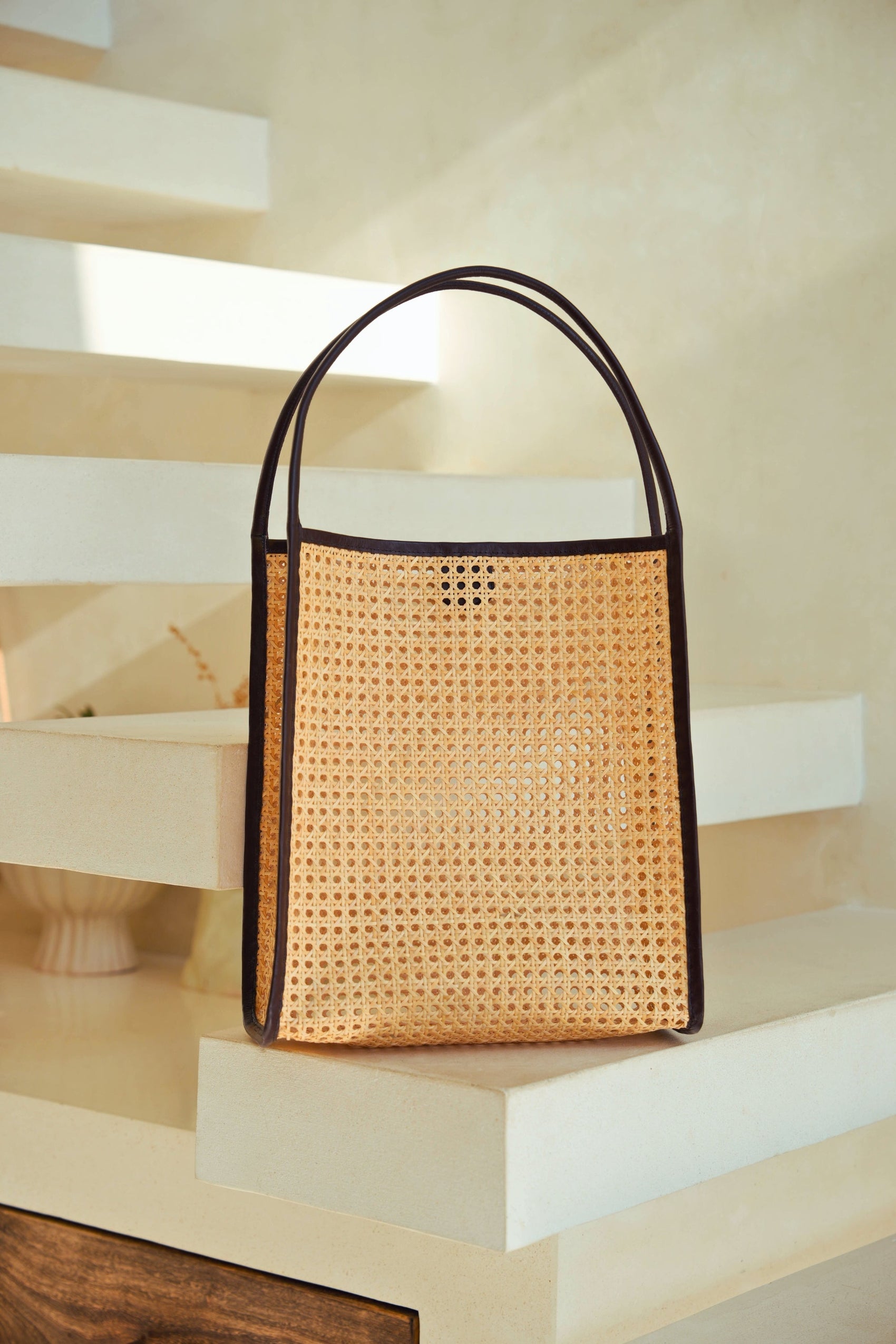 Viviana Oversized Cane and Leather Tote in Dark Brown - RoshelLuxe.com
