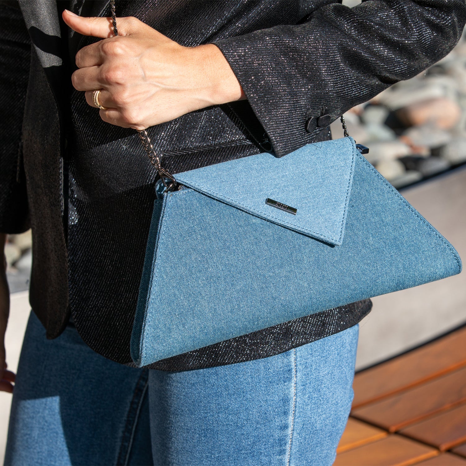 Denim Clutch Bag Two Tone Crossbody Evening Purse Unique Women's Handbag - RoshelLuxe.com