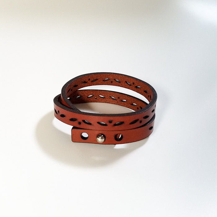 Leather Double Wrap Bracelet - squares motif