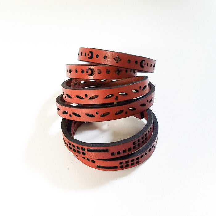 Leather Double Wrap Bracelet - squares motif