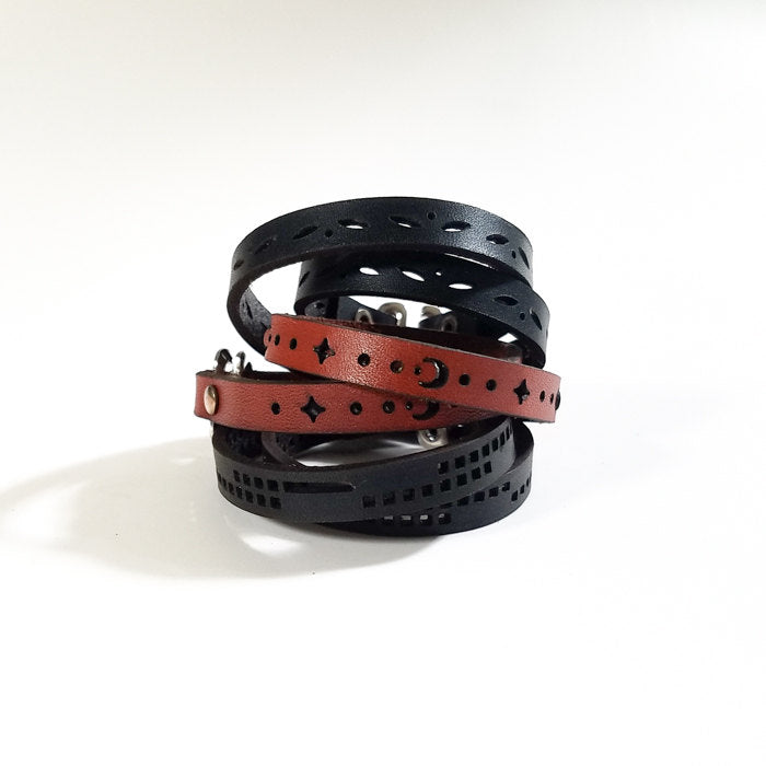 Leather Double Wrap Bracelet - squares motif