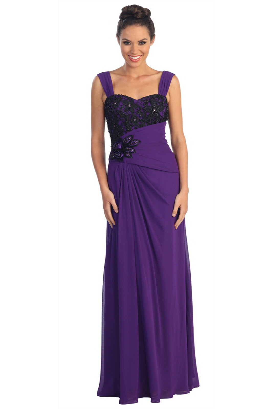 Chiffon Long Dress with Lace Detailing on Pleated Bodice and Lace Detailing - RoshelLuxe.com