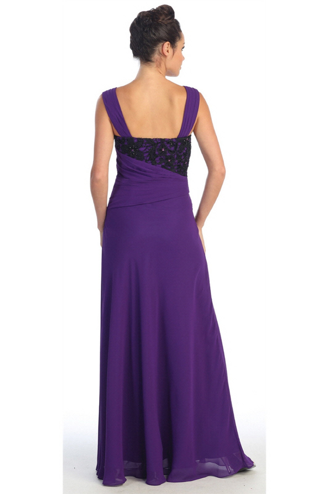 Chiffon Long Dress with Lace Detailing on Pleated Bodice and Lace Detailing - RoshelLuxe.com