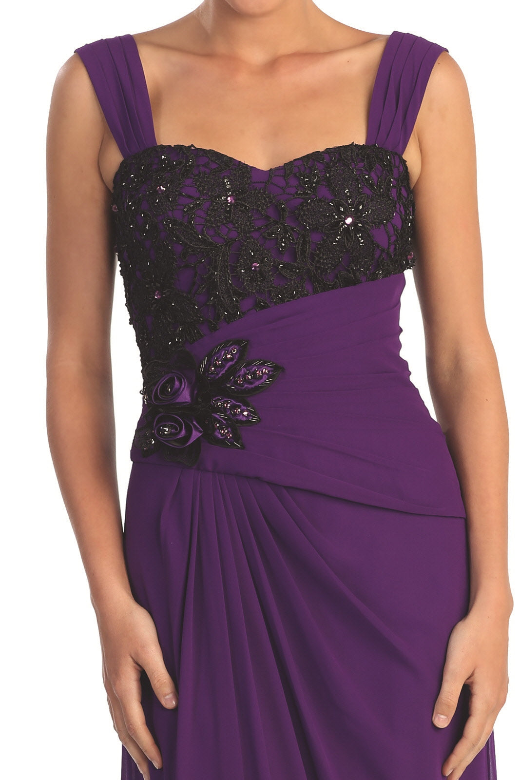 Chiffon Long Dress with Lace Detailing on Pleated Bodice and Lace Detailing - RoshelLuxe.com