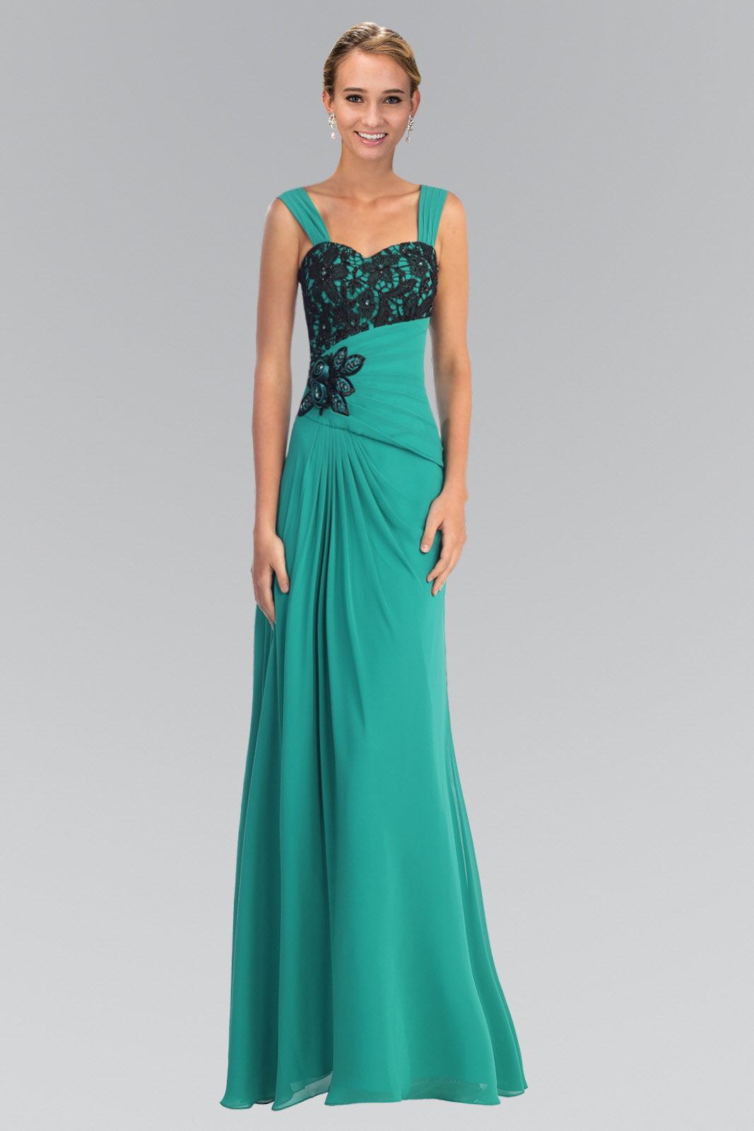 Chiffon Long Dress with Lace Detailing on Pleated Bodice and Lace Detailing - RoshelLuxe.com