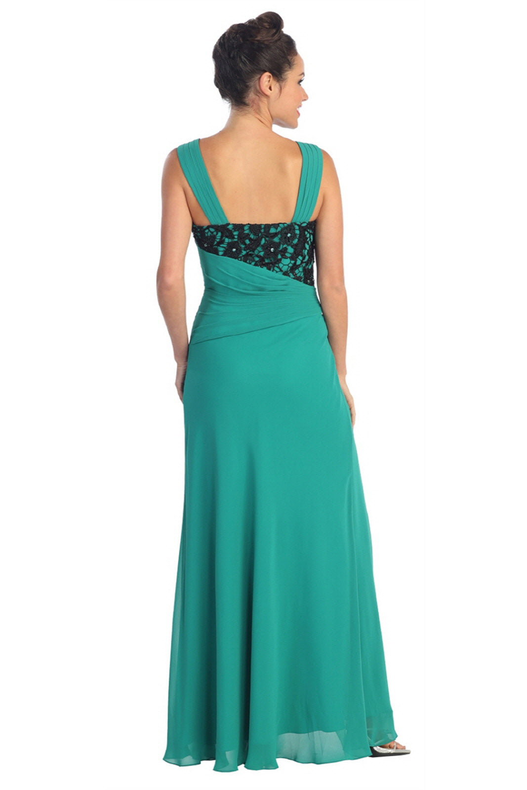 Chiffon Long Dress with Lace Detailing on Pleated Bodice and Lace Detailing - RoshelLuxe.com