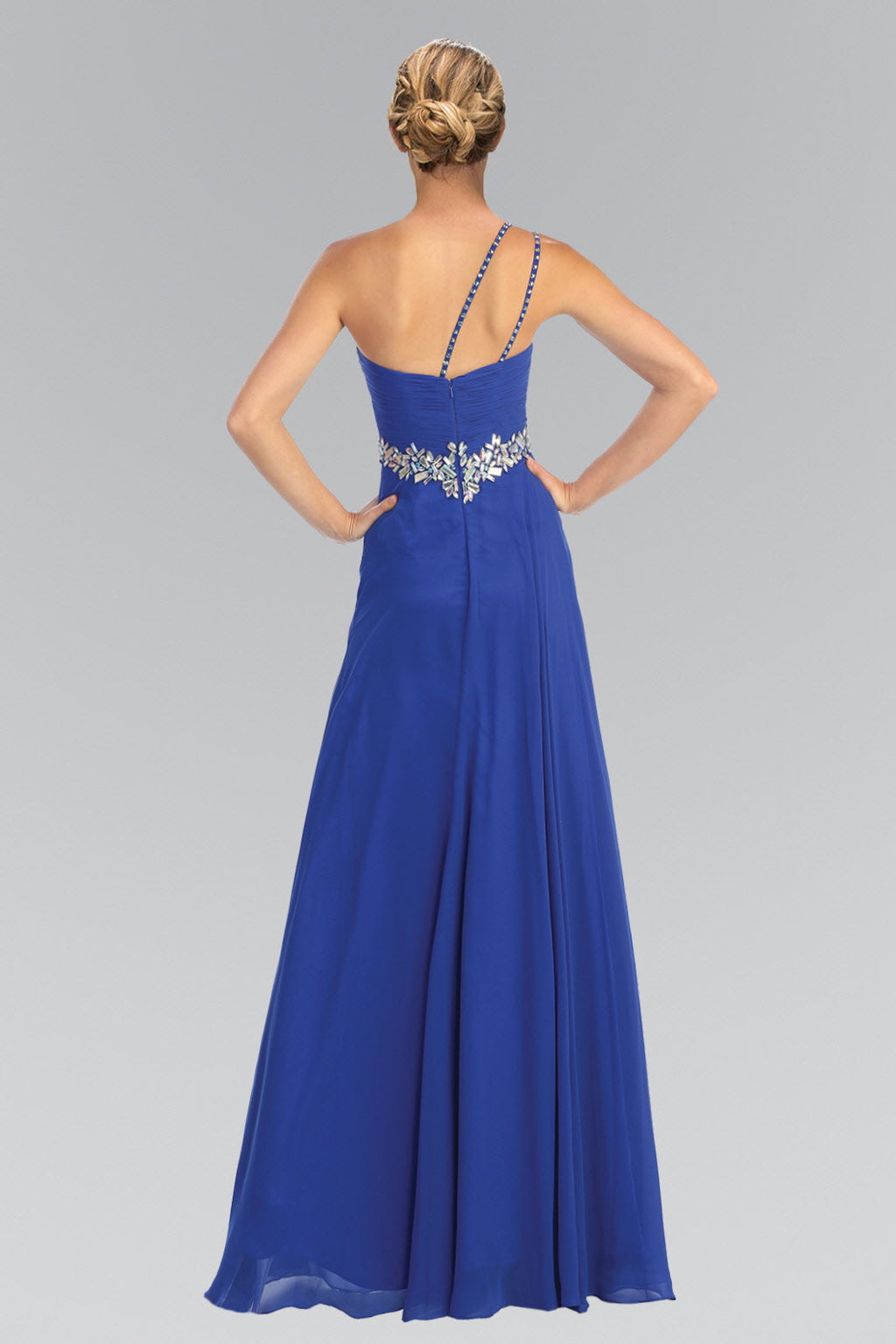 Empire One Shoulder Chiffon Long Dress Accented with Jewel