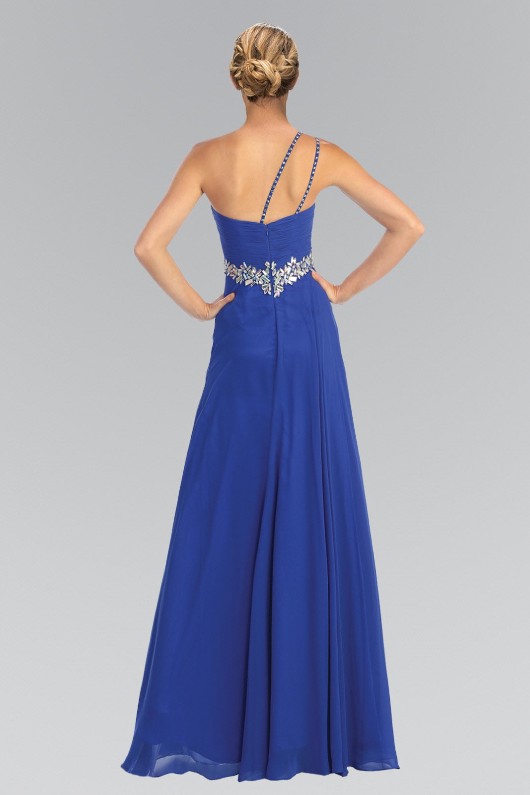 Empire One Shoulder Chiffon Long Dress Accented with Jewel - RoshelLuxe.com