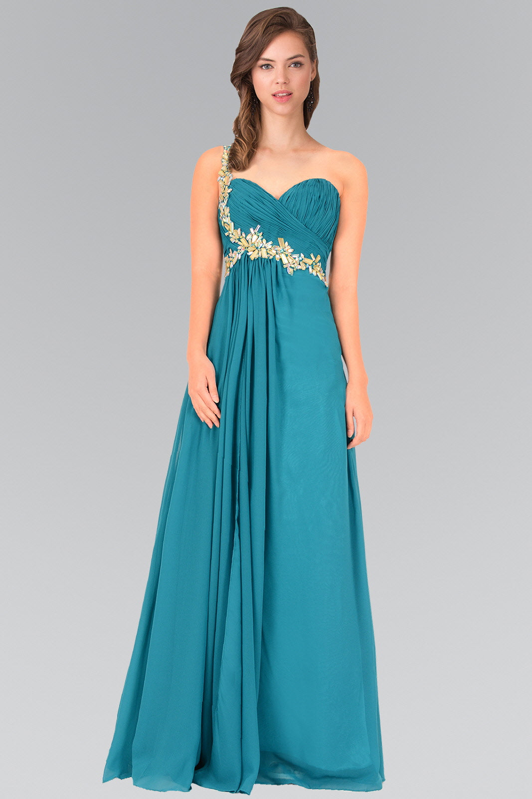 Empire One Shoulder Chiffon Long Dress Accented with Jewel - RoshelLuxe.com