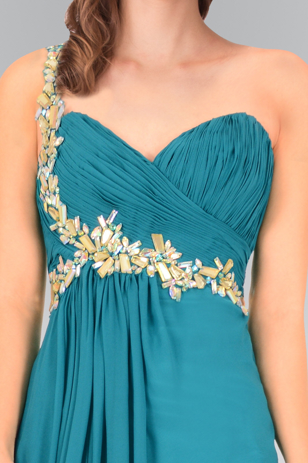 Empire One Shoulder Chiffon Long Dress Accented with Jewel - RoshelLuxe.com