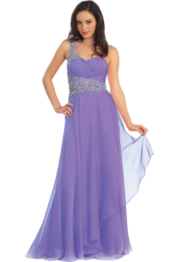 One Shoulder Jewel Embellished Chiffon Long Dress - RoshelLuxe.com