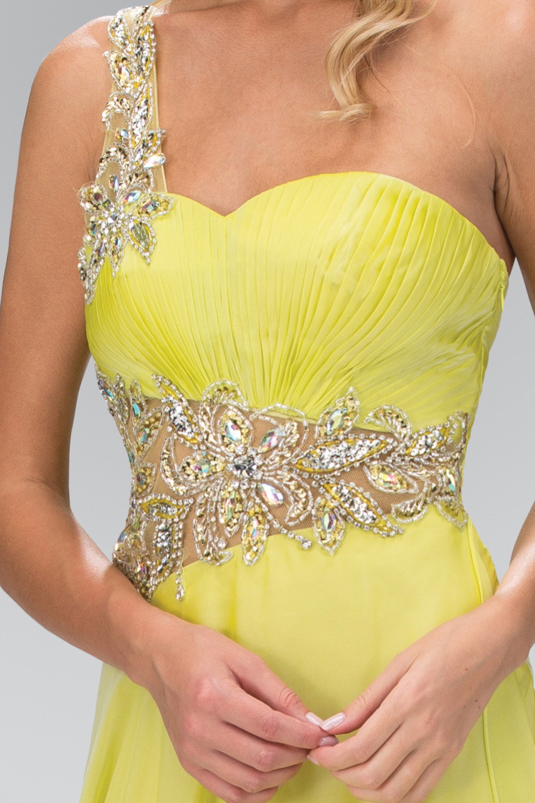 One Shoulder Jewel Embellished Chiffon Long Dress - RoshelLuxe.com