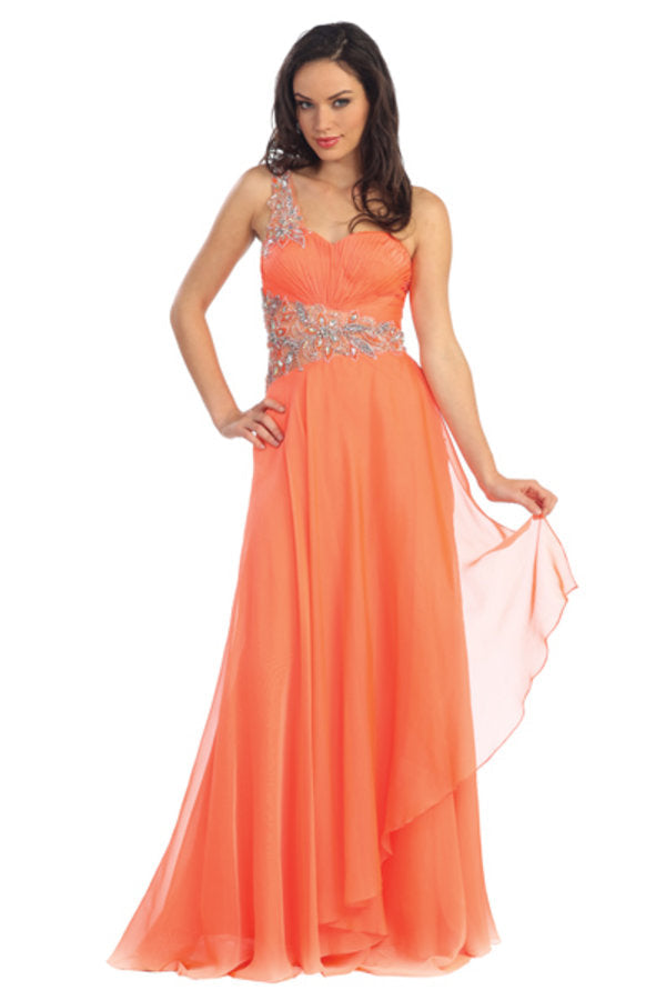 One Shoulder Jewel Embellished Chiffon Long Dress - RoshelLuxe.com