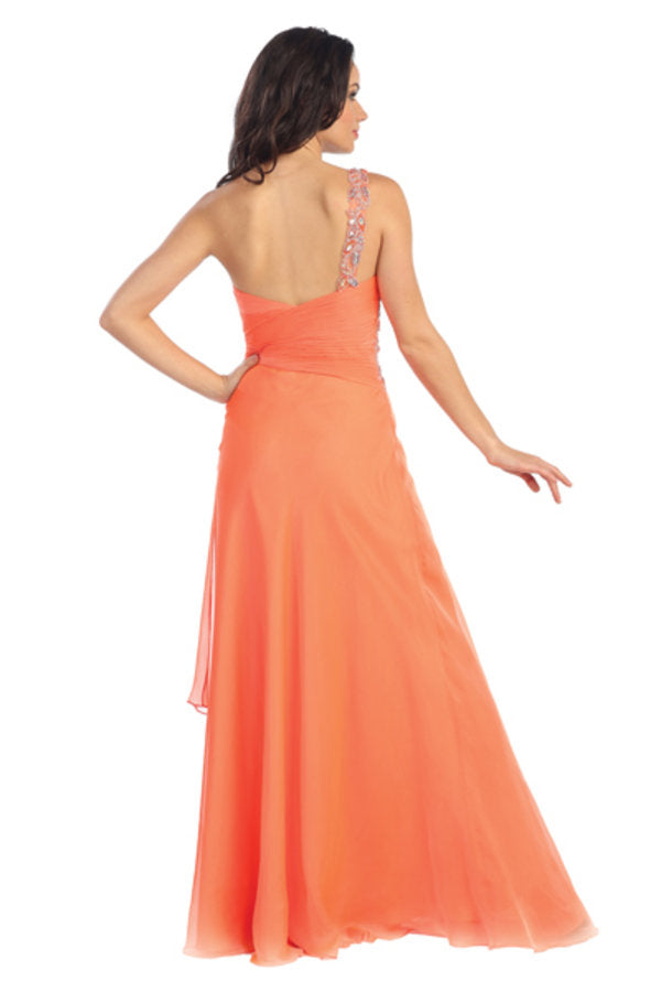 One Shoulder Jewel Embellished Chiffon Long Dress - RoshelLuxe.com