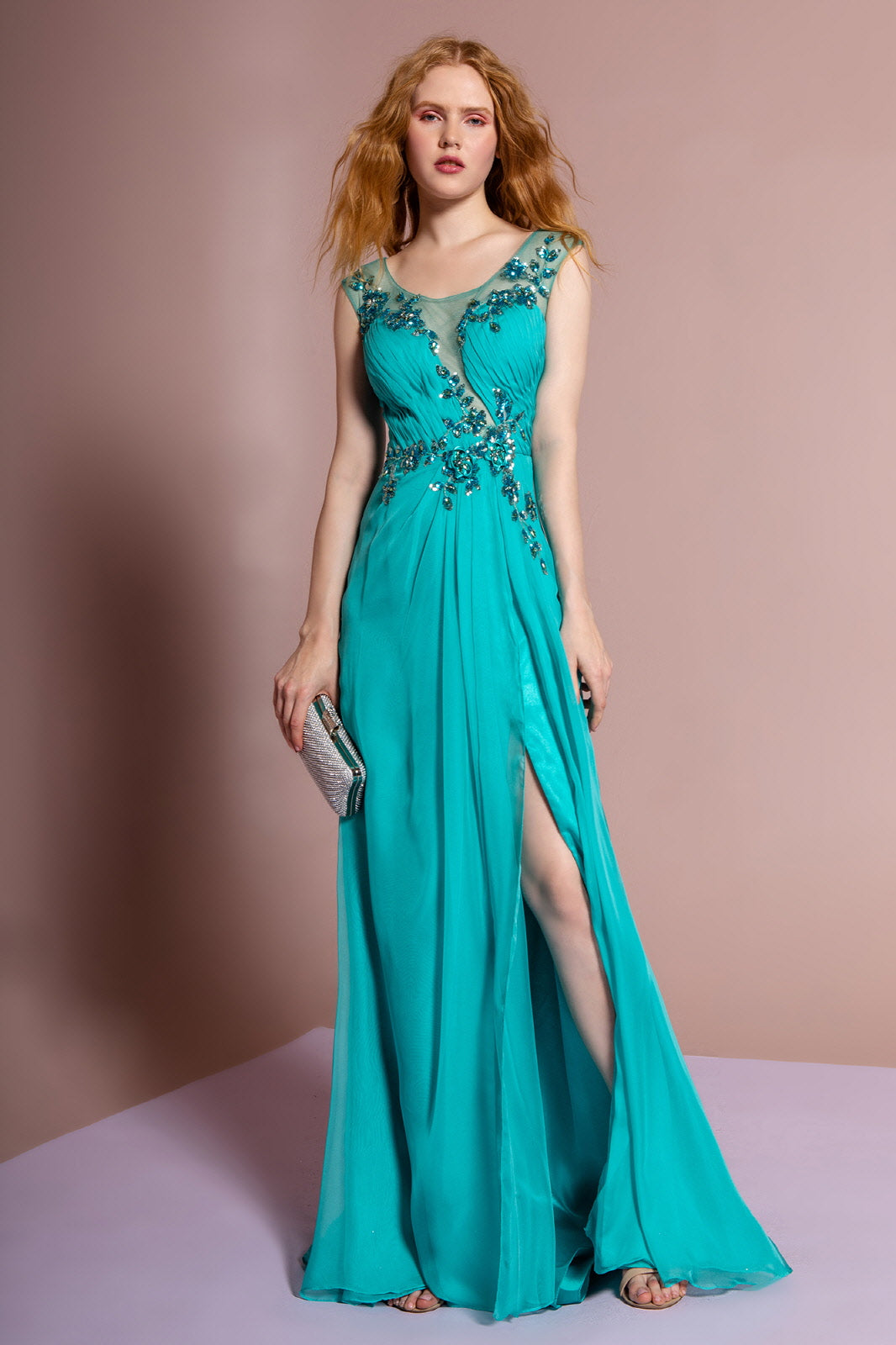 Pleated Long Dress with Side Slit and Jewel Detailing - RoshelLuxe.com