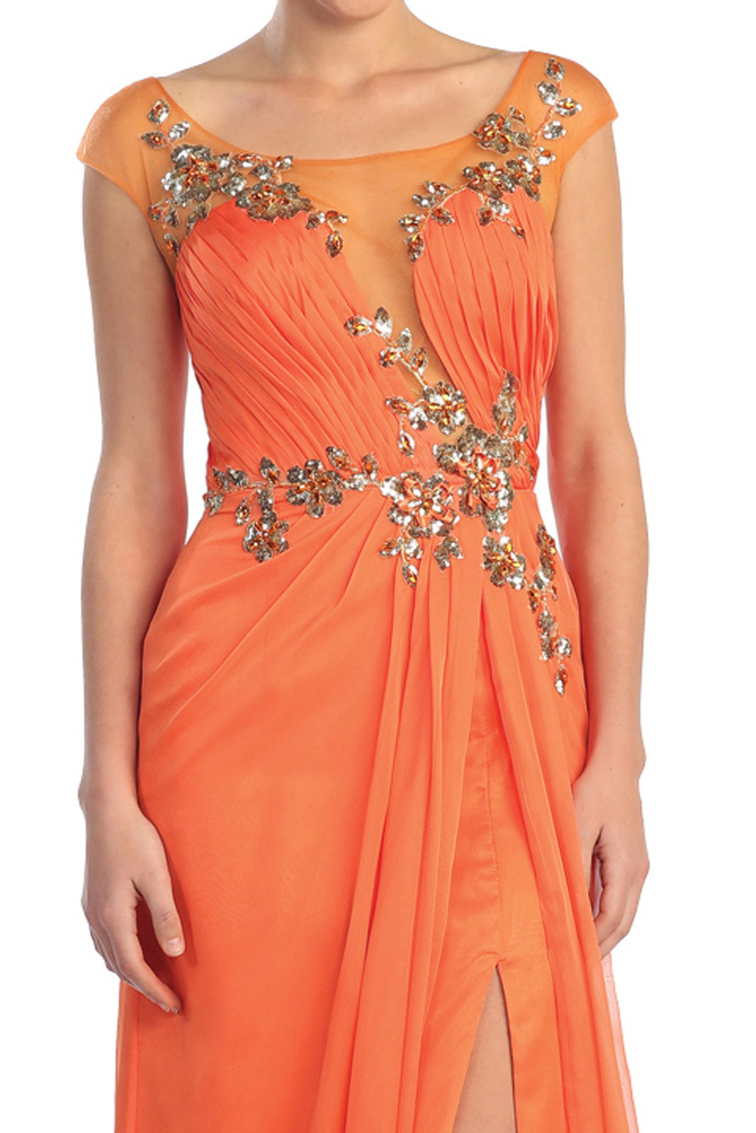 Pleated Long Dress with Side Slit and Jewel Detailing - RoshelLuxe.com