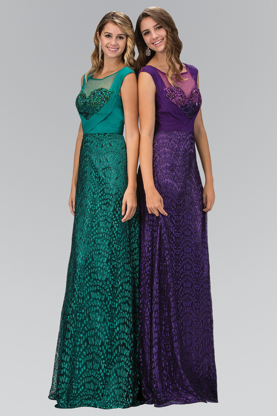 Cap Sleeve Lace Long Dress with Pleated chiffon overlay - RoshelLuxe.com