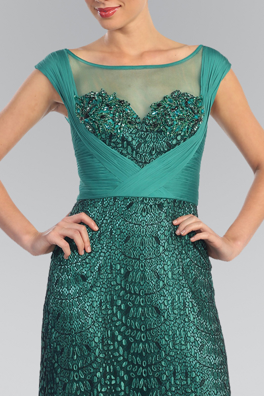 Cap Sleeve Lace Long Dress with Pleated chiffon overlay - RoshelLuxe.com
