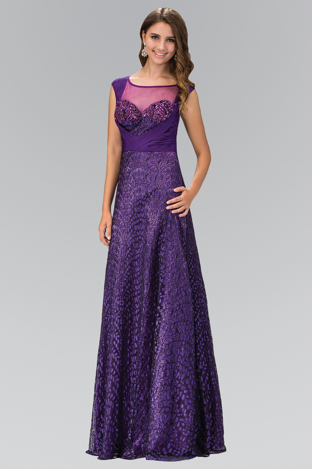 Cap Sleeve Lace Long Dress with Pleated chiffon overlay - RoshelLuxe.com
