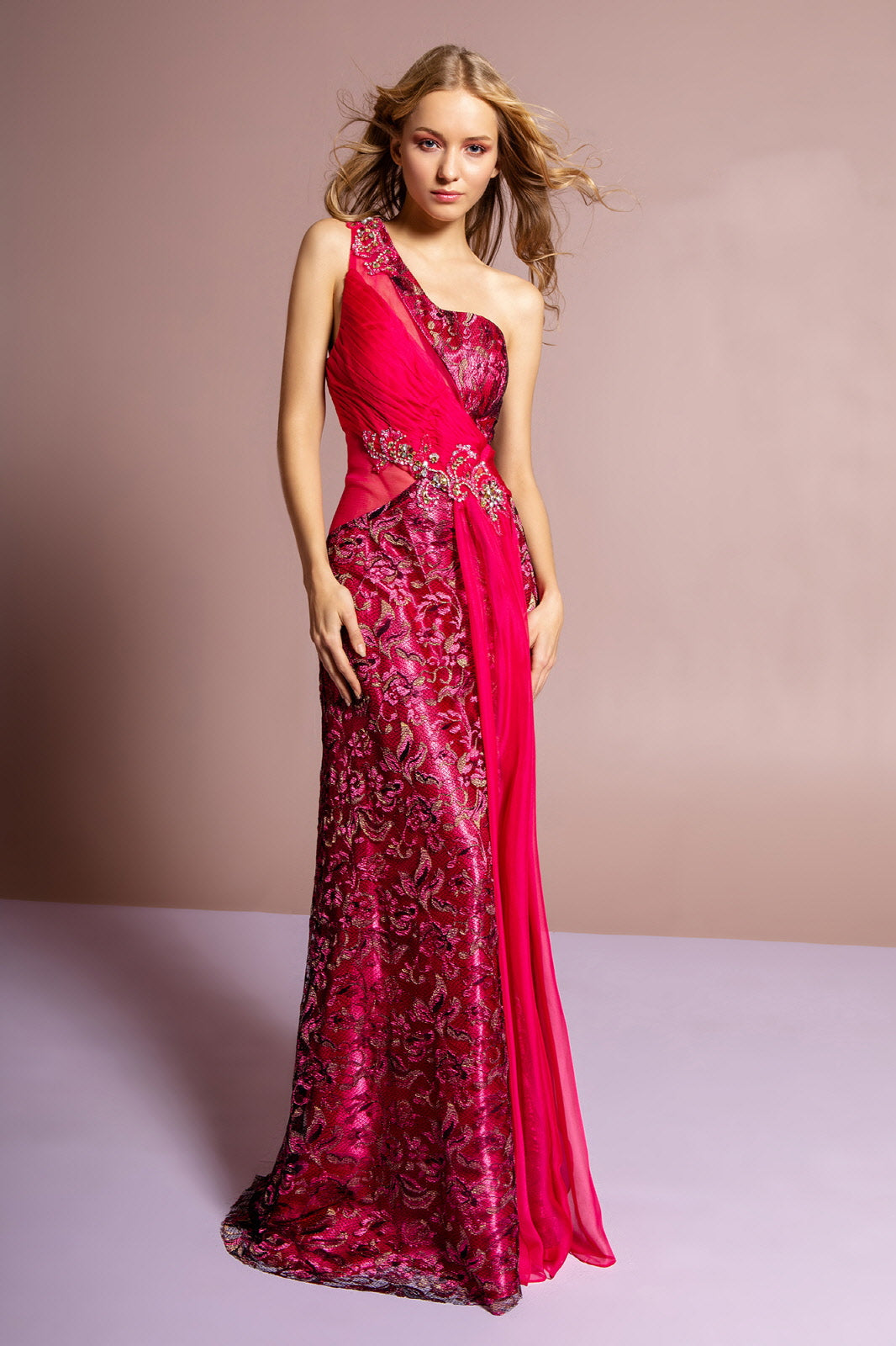 One Shoulder Lace Long Dress with Beaded Waist and Chiffon Overlay - RoshelLuxe.com