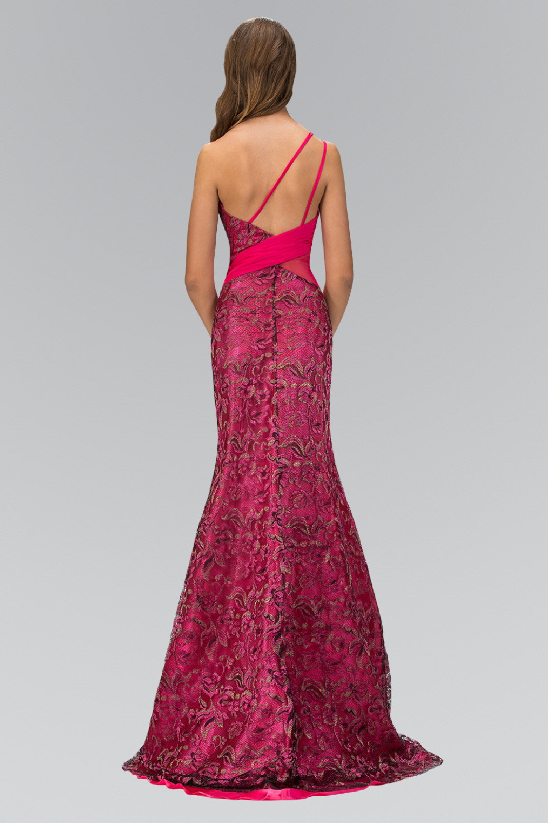 One Shoulder Lace Long Dress with Beaded Waist and Chiffon Overlay - RoshelLuxe.com