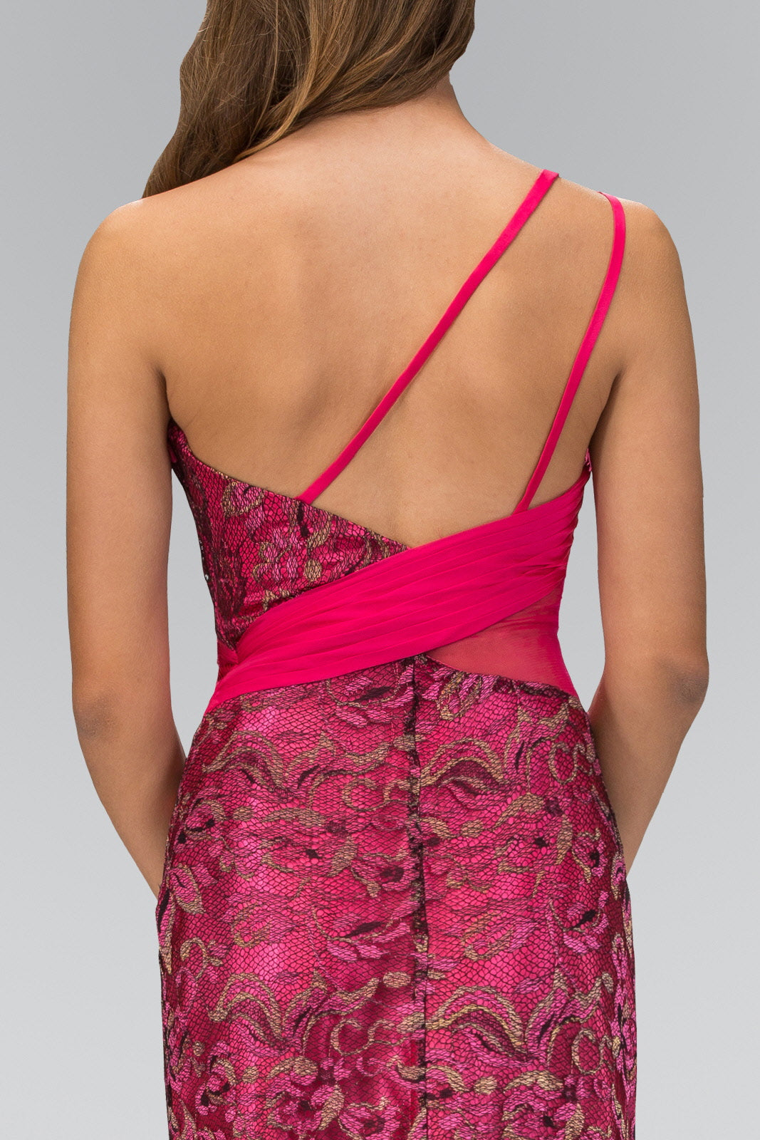One Shoulder Lace Long Dress with Beaded Waist and Chiffon Overlay - RoshelLuxe.com