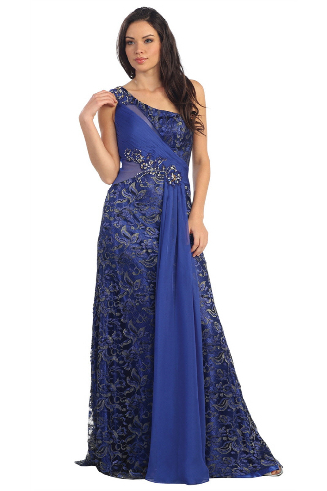 One Shoulder Lace Long Dress with Beaded Waist and Chiffon Overlay - RoshelLuxe.com