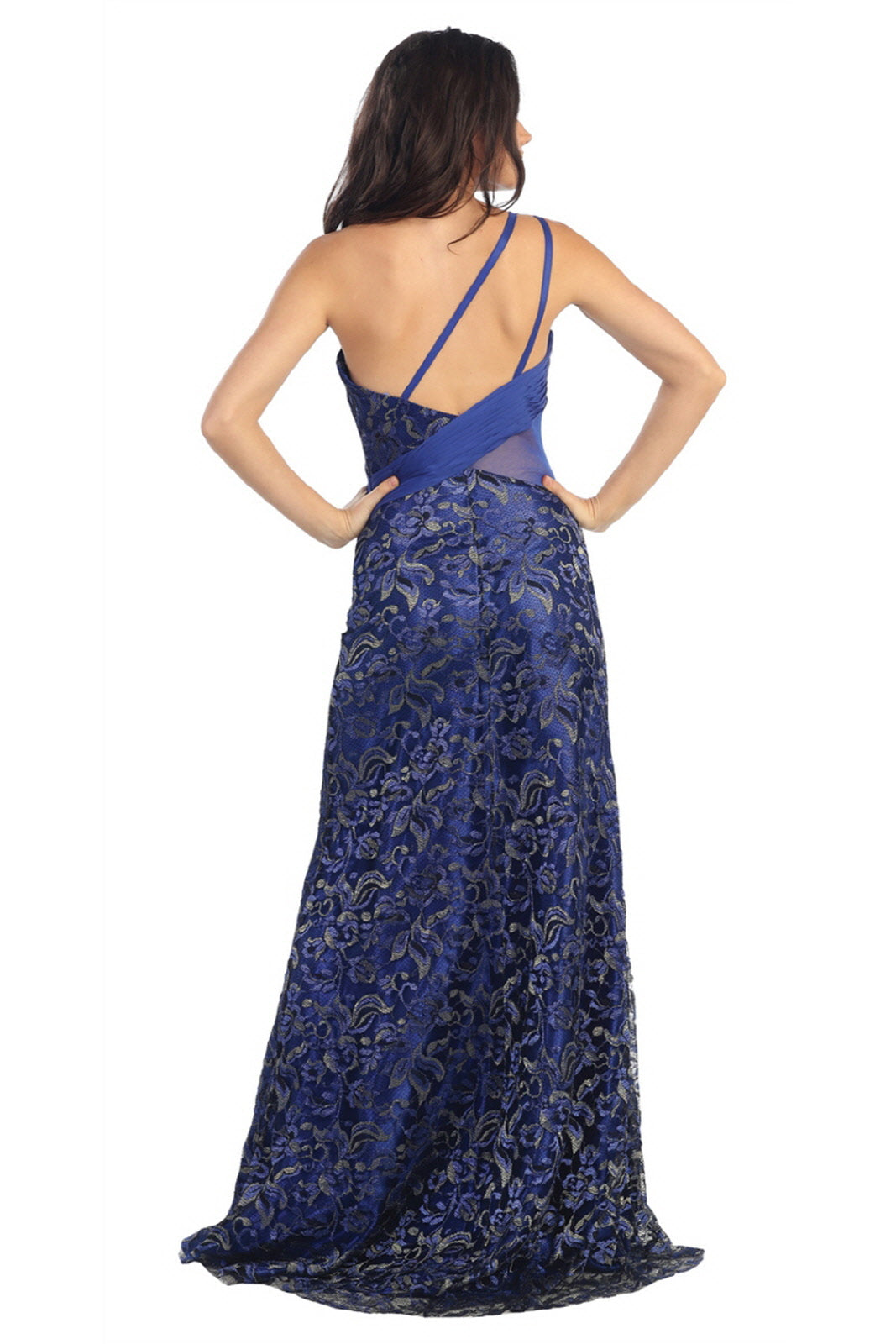 One Shoulder Lace Long Dress with Beaded Waist and Chiffon Overlay - RoshelLuxe.com