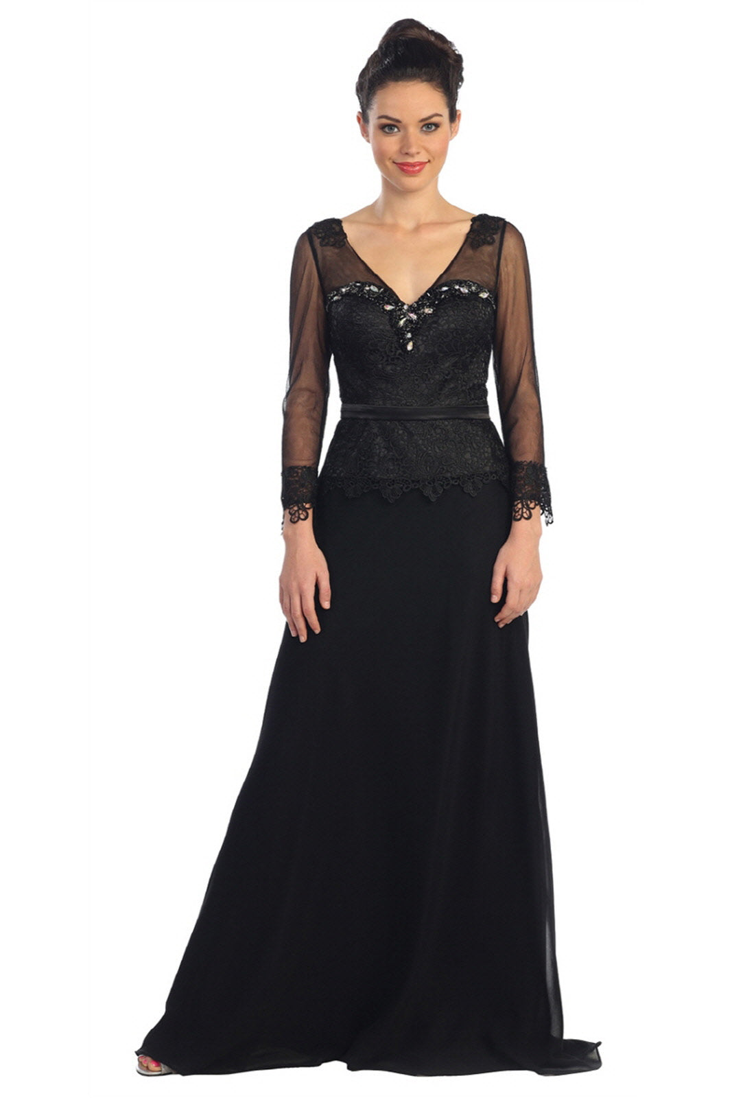 V-Neck Long Sheer Sleeve Chiffon Floor Length Dress with Lace Bodice - RoshelLuxe.com