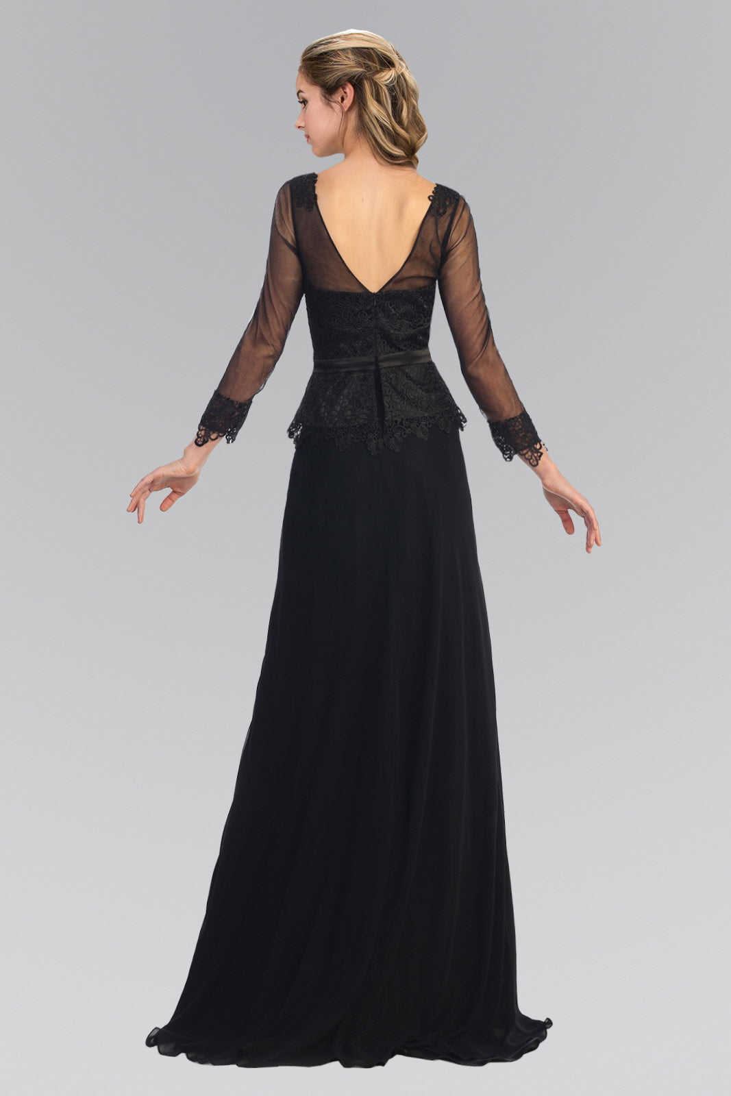 V-Neck Long Sheer Sleeve Chiffon Floor Length Dress with Lace Bodice - RoshelLuxe.com