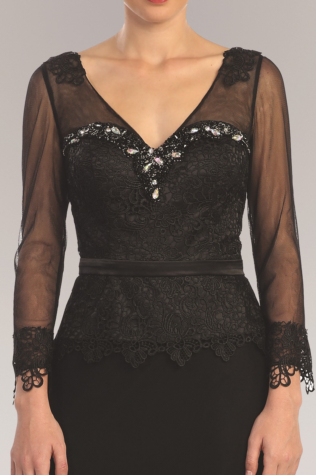 V-Neck Long Sheer Sleeve Chiffon Floor Length Dress with Lace Bodice - RoshelLuxe.com