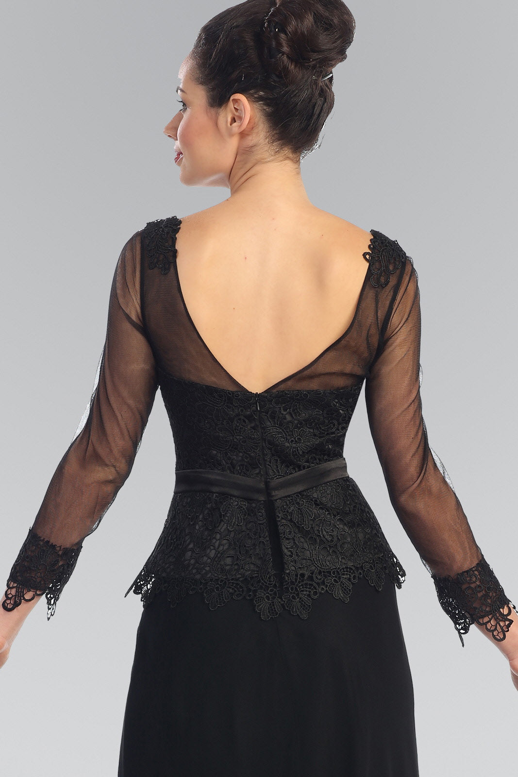 V-Neck Long Sheer Sleeve Chiffon Floor Length Dress with Lace Bodice - RoshelLuxe.com