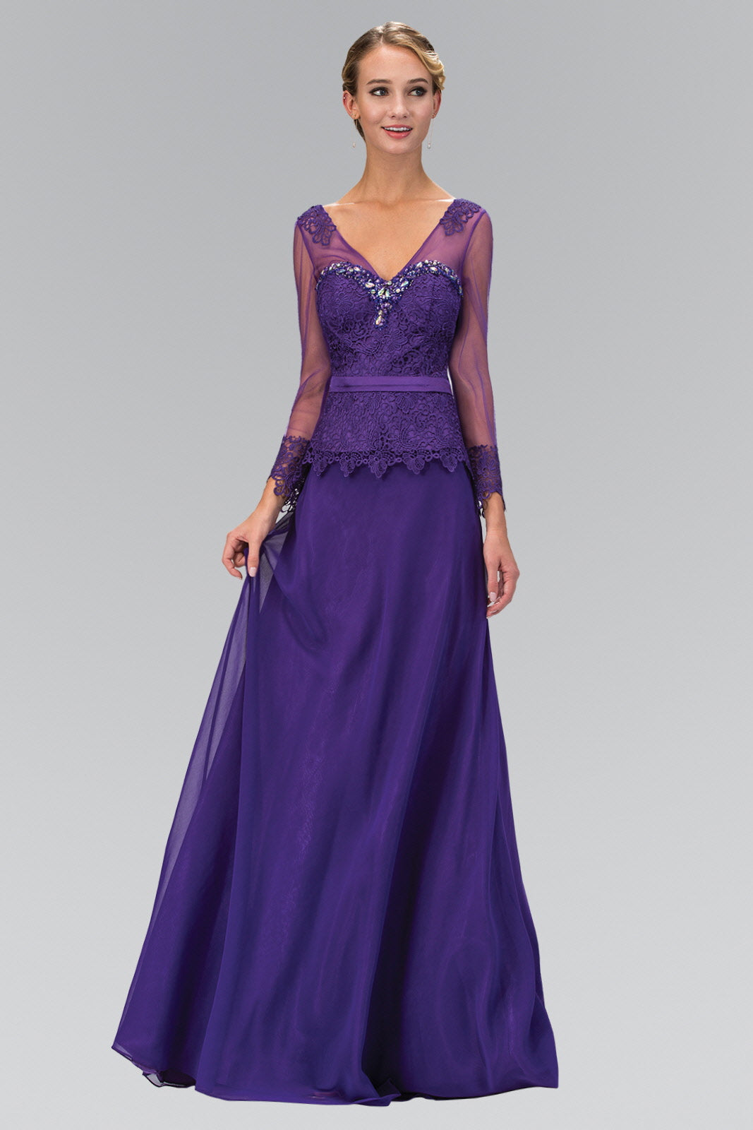 V-Neck Long Sheer Sleeve Chiffon Floor Length Dress with Lace Bodice - RoshelLuxe.com