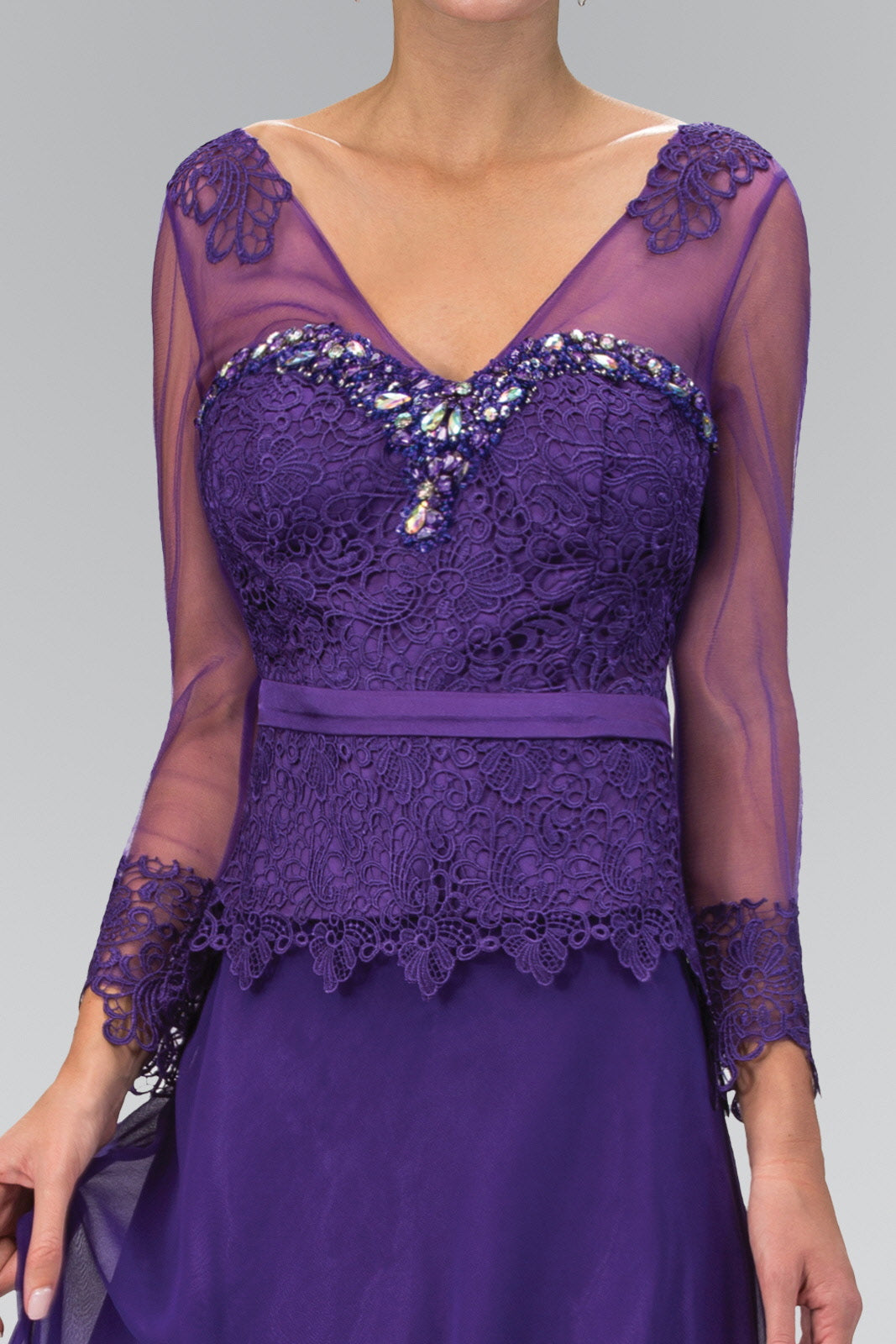 V-Neck Long Sheer Sleeve Chiffon Floor Length Dress with Lace Bodice - RoshelLuxe.com